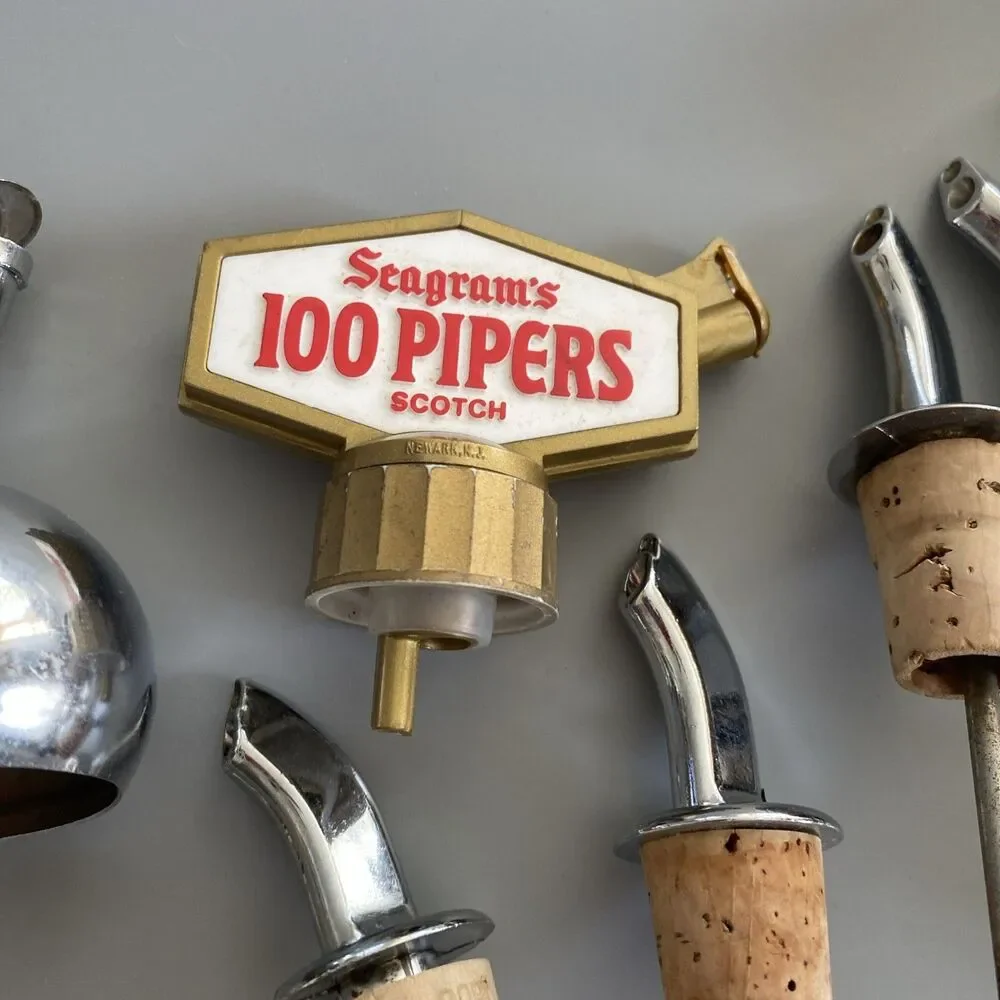 8 Vintage Mid-Century Modern Drink Liquor Bottle Shot Pourers Spouts Chrome Ads